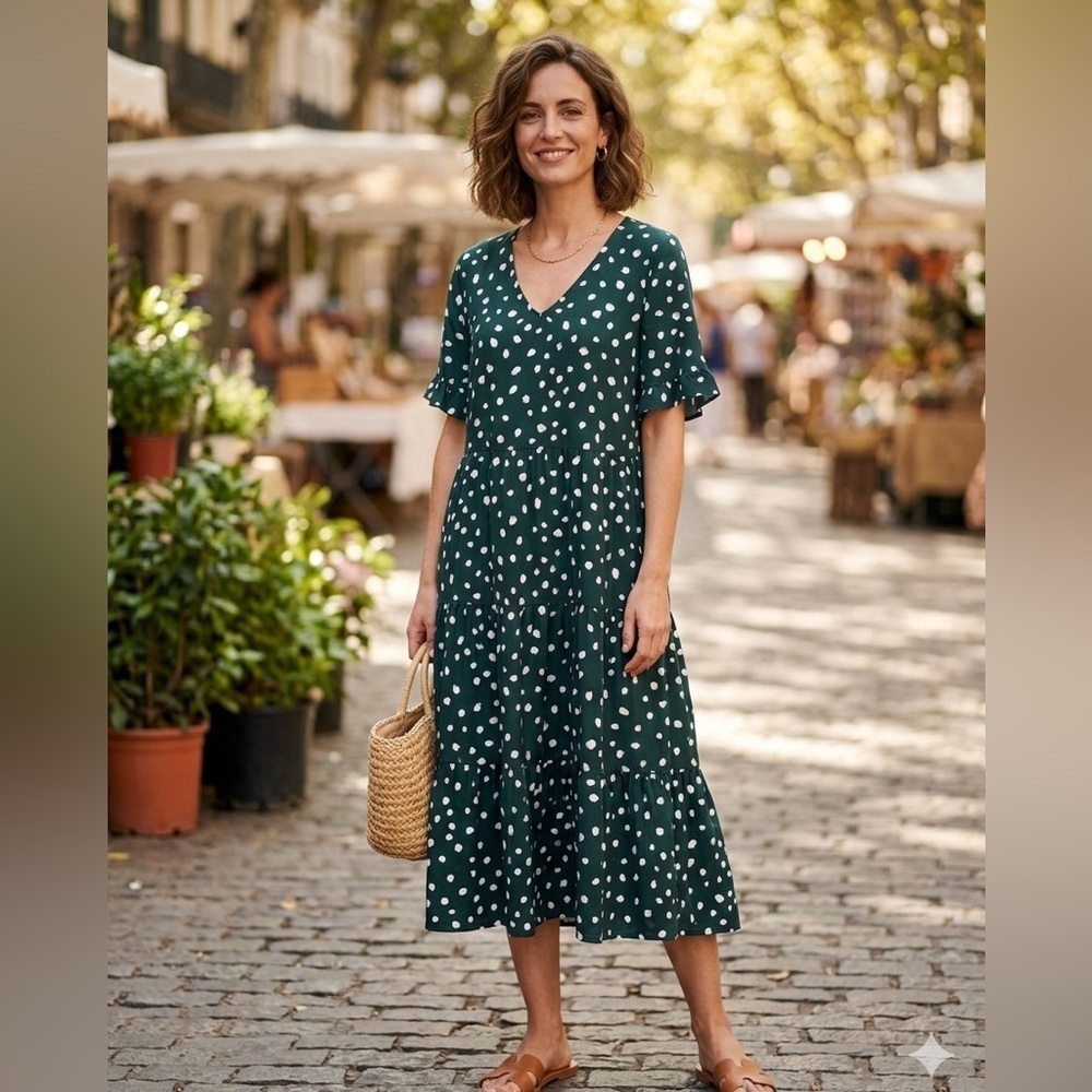 Ces Femme | Green and White Polka Dot Midi Dress | Sz L